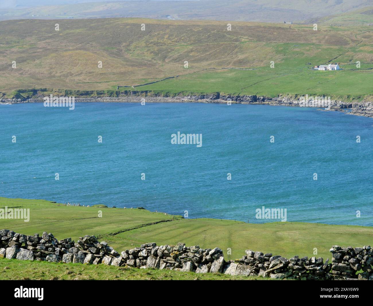 Eine malerische Bucht mit blauem Meer, umgeben von grünen Hügeln und einer steinernen Mauer im Vordergrund, Lerwick, Shetlands, Schottland, Großbritannien Stockfoto