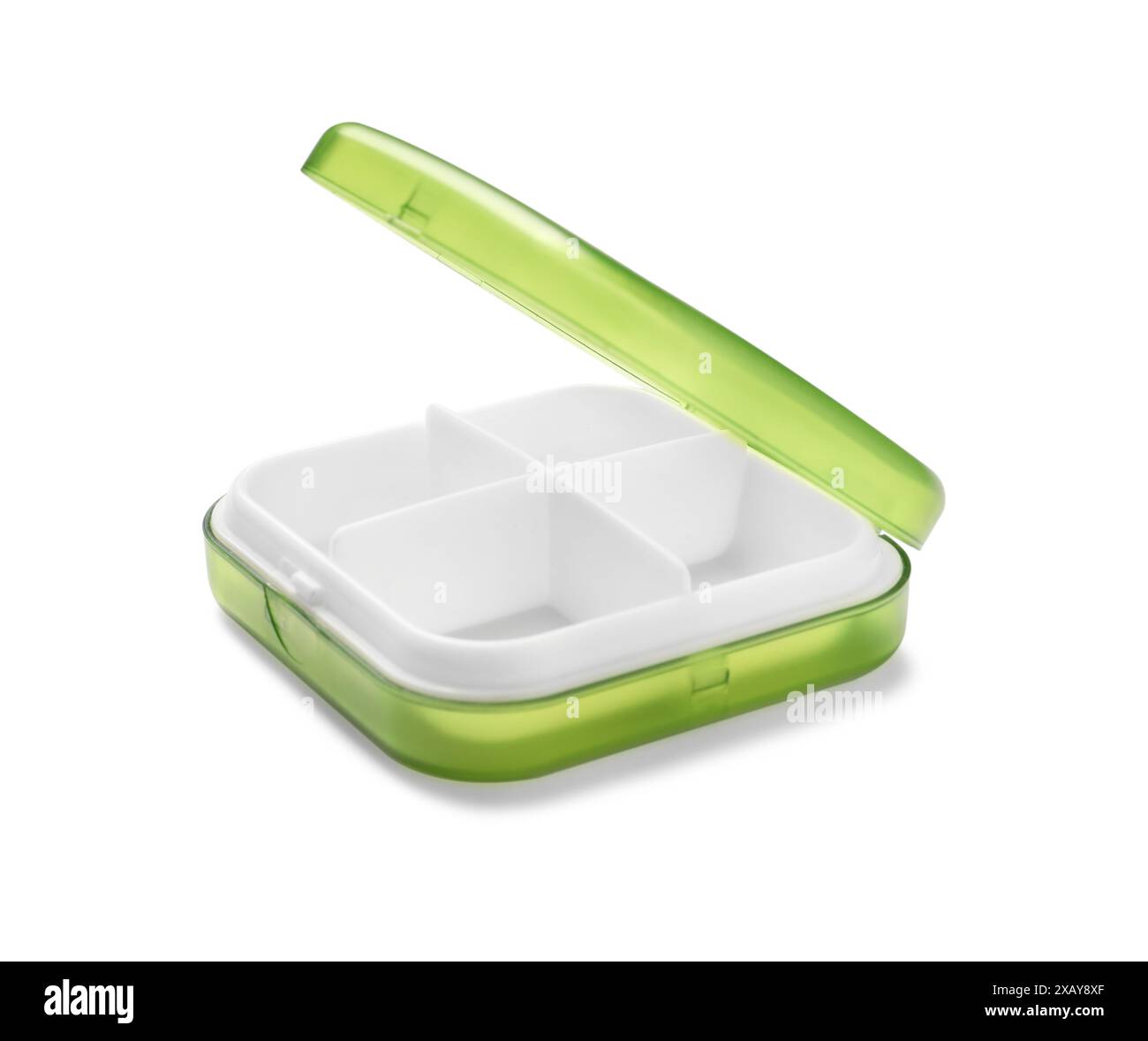 Ein leerer Pillen-Organizer isoliert auf weiß Stockfoto