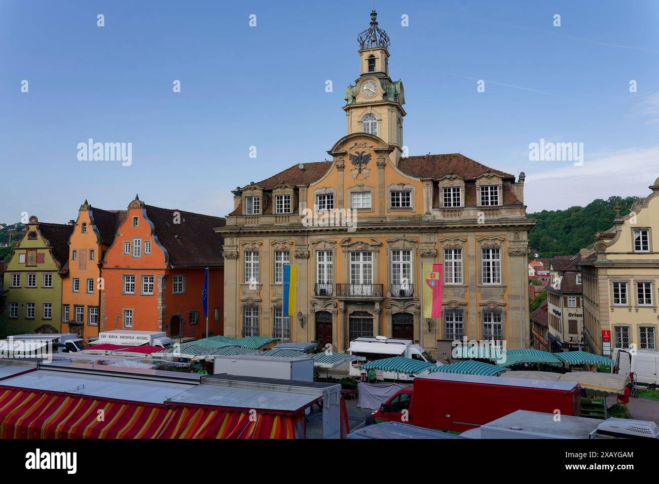 Markttag in der Schwäbischen Halle, Marktplatz, Rathaus, Renaissance, Schwäbisch Hall, Kocher Tal, Kocher, Heilbronn-Franken Stockfoto