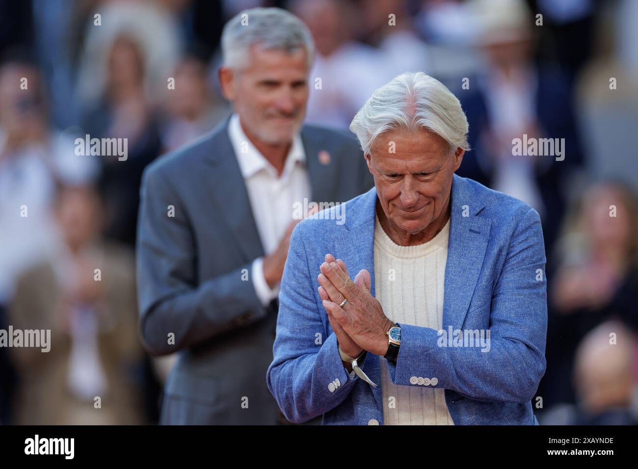 Paris, Frankreich. Juni 2024. Roland Garros, 9. Juni 2024: Bjorn Borg und Gilles Moretton während der Trophäenpräsentation bei den French Open 2024. Alamy Live News/Corleve Credit: Corleve/Alamy Live News Stockfoto