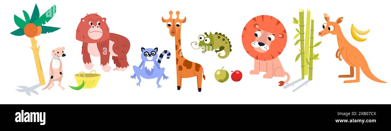 Niedliche Charaktere im Cartoon-Stil. Afrikanische Tiere. Isolierte Objekte auf weißem Hintergrund. Abbildung. Stockfoto