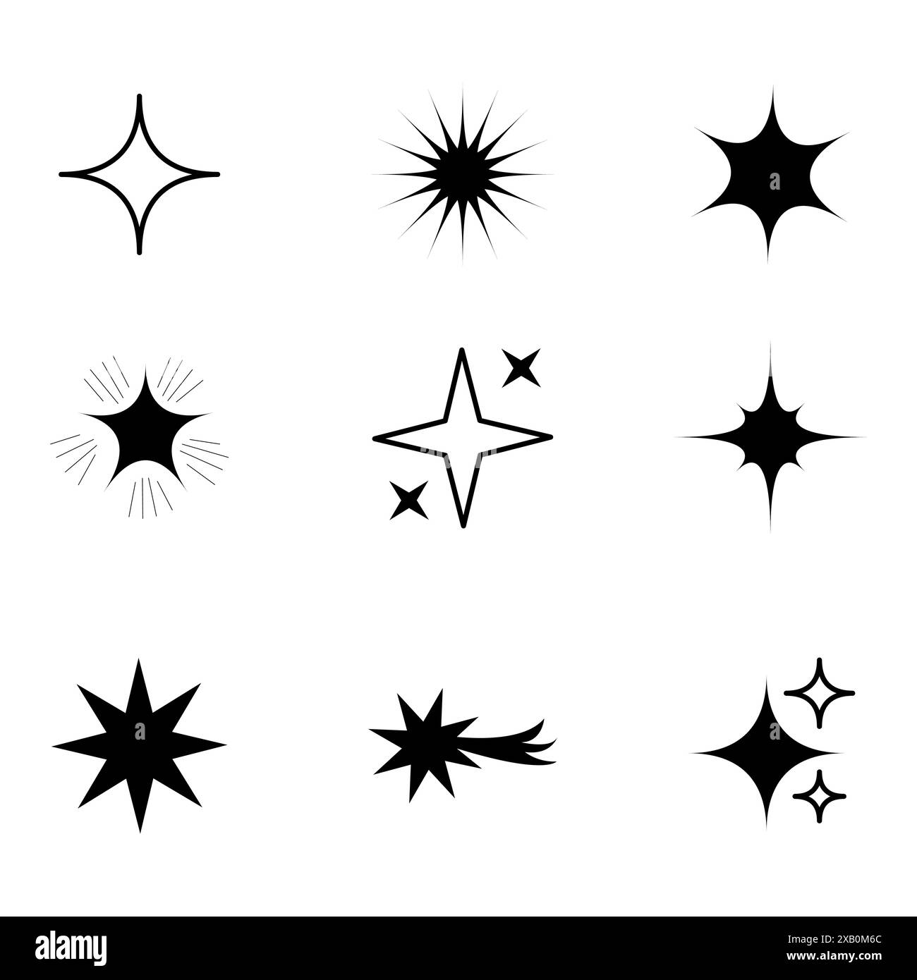 Vektorsternsymbole. Schwarze Starburst-Formen. Verschiedene Sternendesigns. Minimalistischer Stil. Stock Vektor