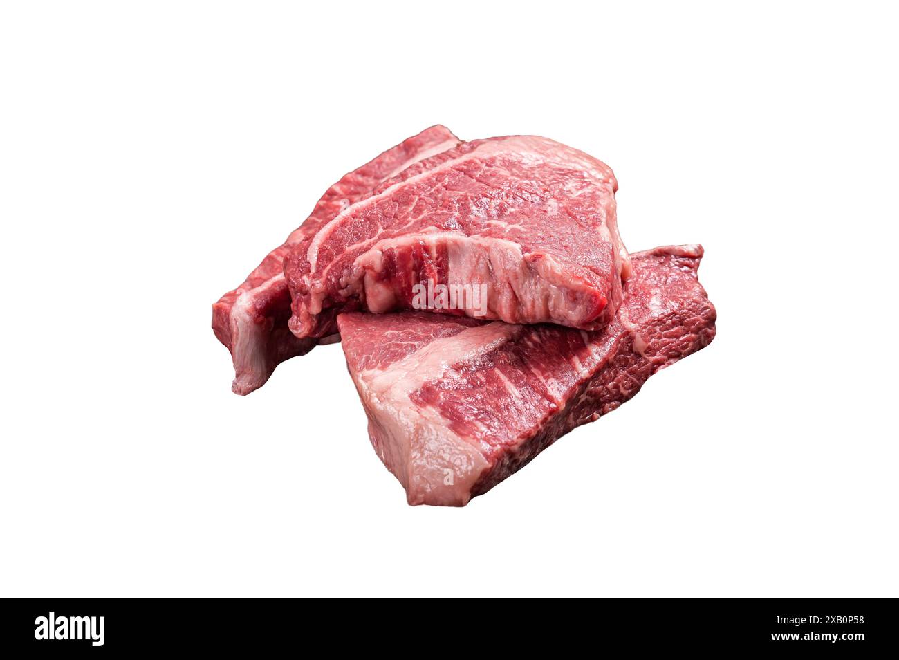 Rohes Silverside-Filet-Rindersteak, geschnitten auf dem Metzgertablett. Isoliert auf weißem Hintergrund. Stockfoto