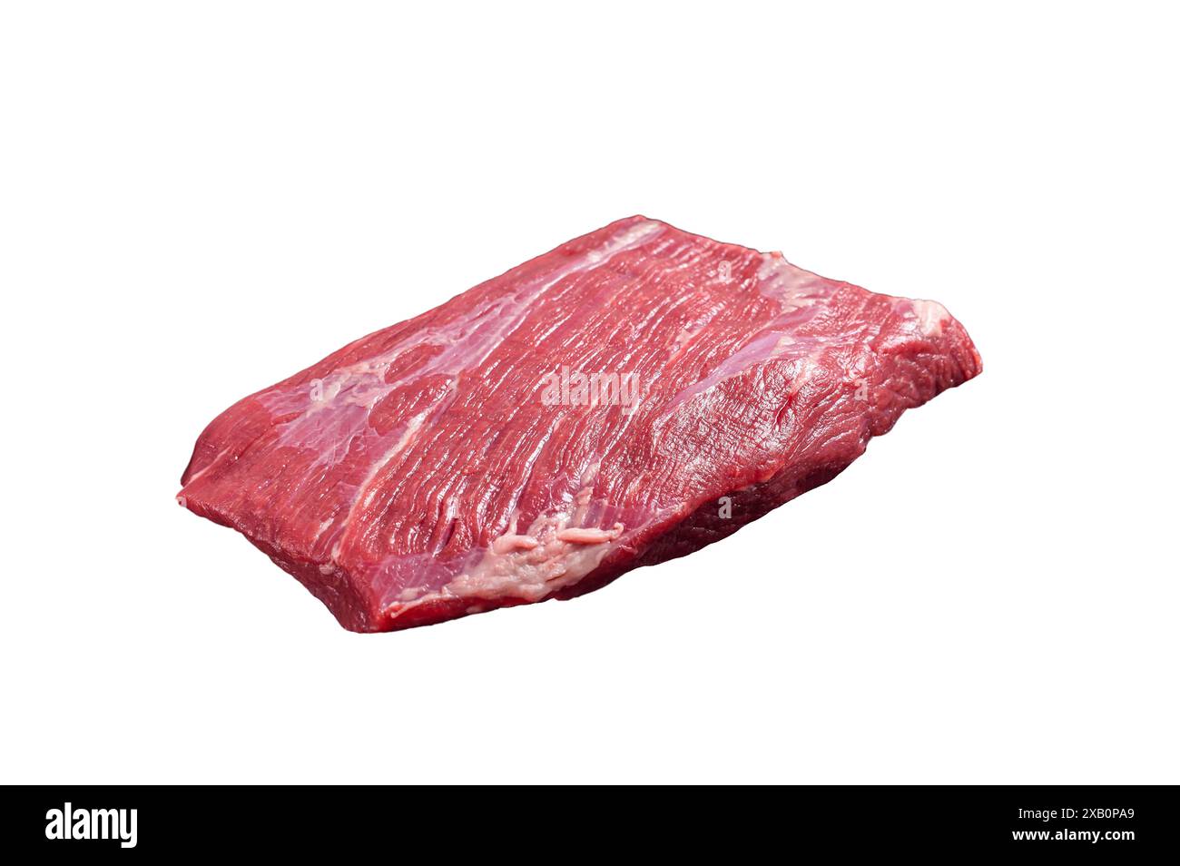 Erstklassiges Flankensteak, rohes Rindfleisch auf Marmorbrett mit Kräutern. Isoliert auf weißem Hintergrund. Stockfoto