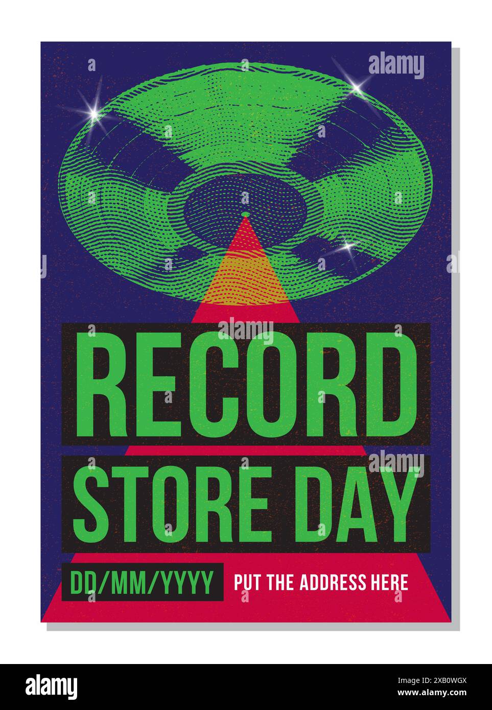 Poster zum Tag des Plattenladens, Musikveranstaltung, Vinylverkauf im Vinyl Store, spezielle oder exklusive Veröffentlichungsfeier in Plattenläden oder Läden, Veranstaltungsflyer Stock Vektor