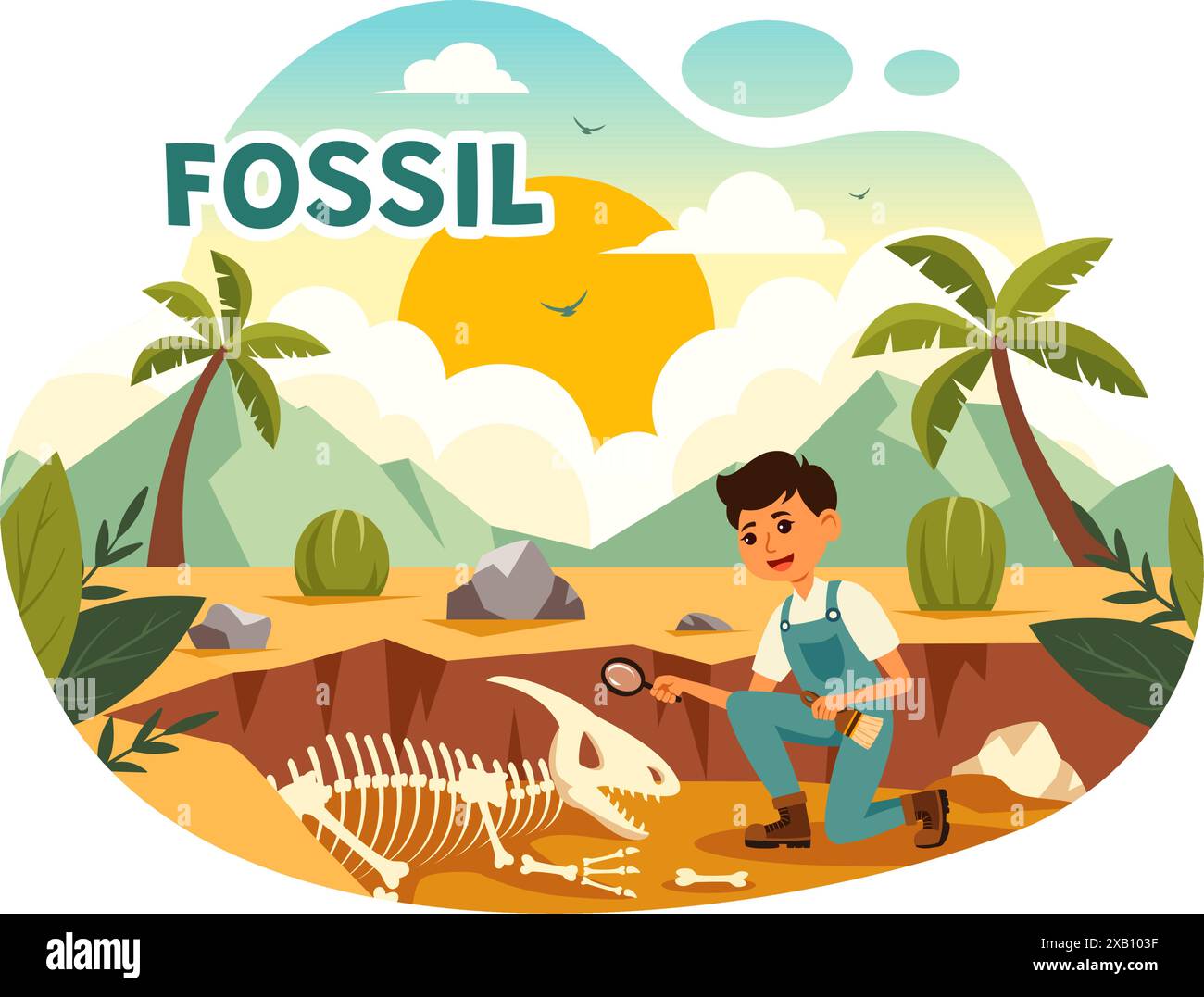 Fossil Vector Illustration von Archäologen, die Dinosaurierskelette während der Ausgrabungen entdeckten, dargestellt in einem flachen Cartoon-Stil Hintergrund Stock Vektor