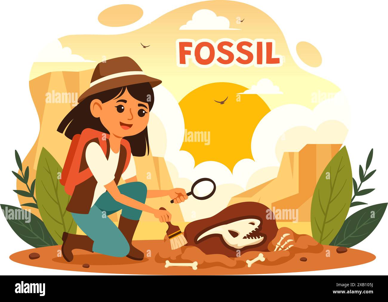 Fossil Vector Illustration von Archäologen, die Dinosaurierskelette während der Ausgrabungen entdeckten, dargestellt in einem flachen Cartoon-Stil Hintergrund Stock Vektor