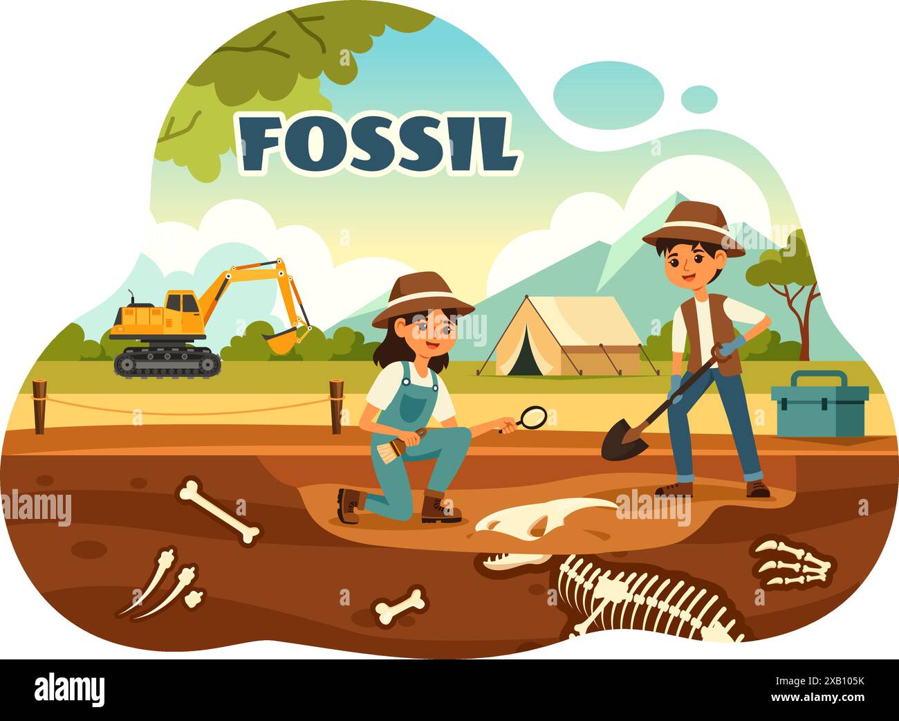 Fossil Vector Illustration von Archäologen, die Dinosaurierskelette während der Ausgrabungen entdeckten, dargestellt in einem flachen Cartoon-Stil Hintergrund Stock Vektor