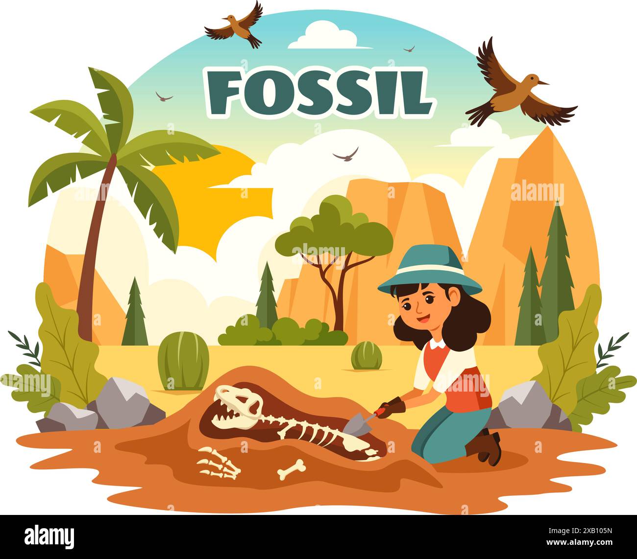 Fossil Vector Illustration von Archäologen, die Dinosaurierskelette während der Ausgrabungen entdeckten, dargestellt in einem flachen Cartoon-Stil Hintergrund Stock Vektor