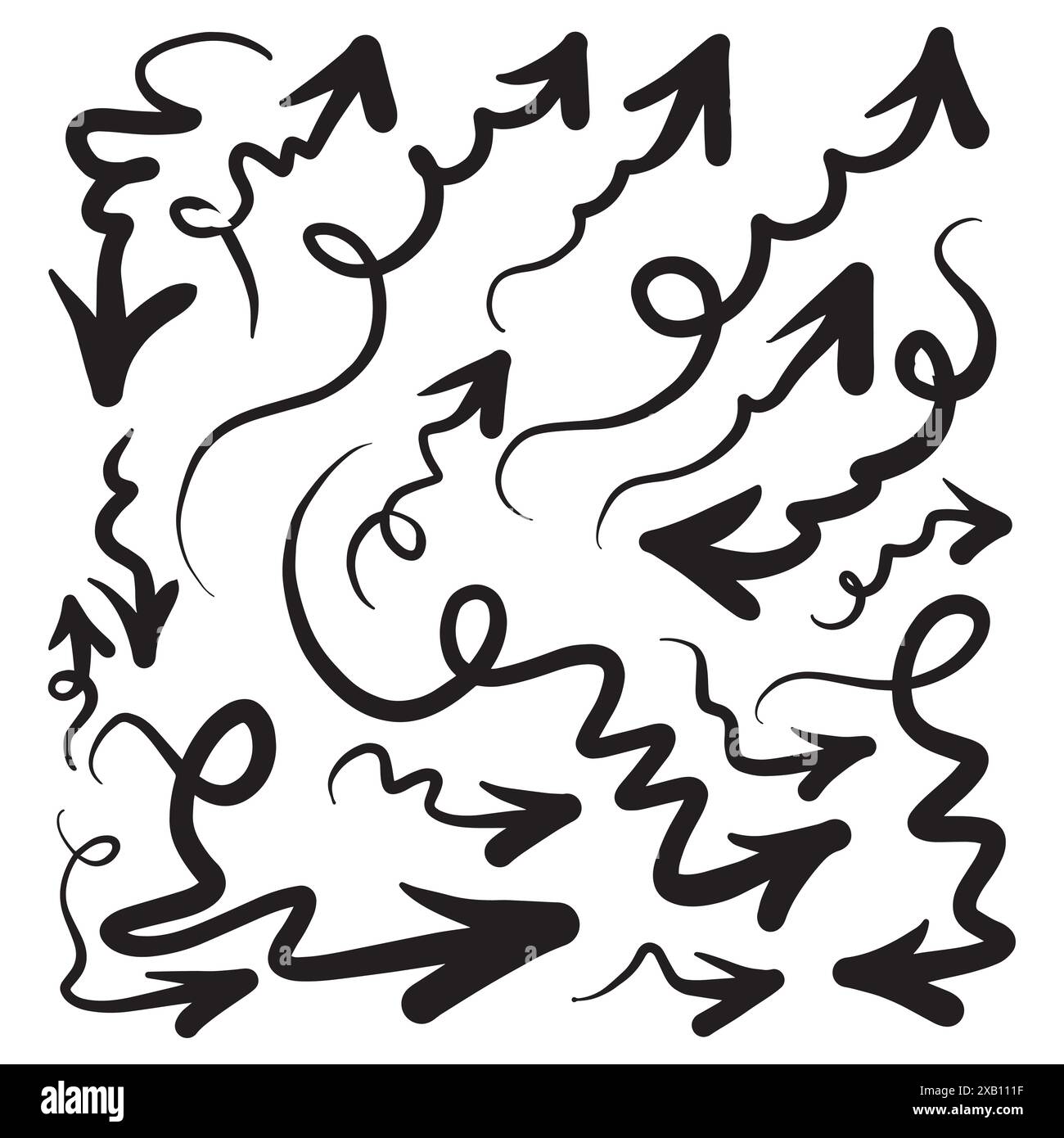 Doodle Design-Elemente. Handgezeichnete Pfeile isoliert auf weißem Hintergrund. Vektorabbildung. Stock Vektor