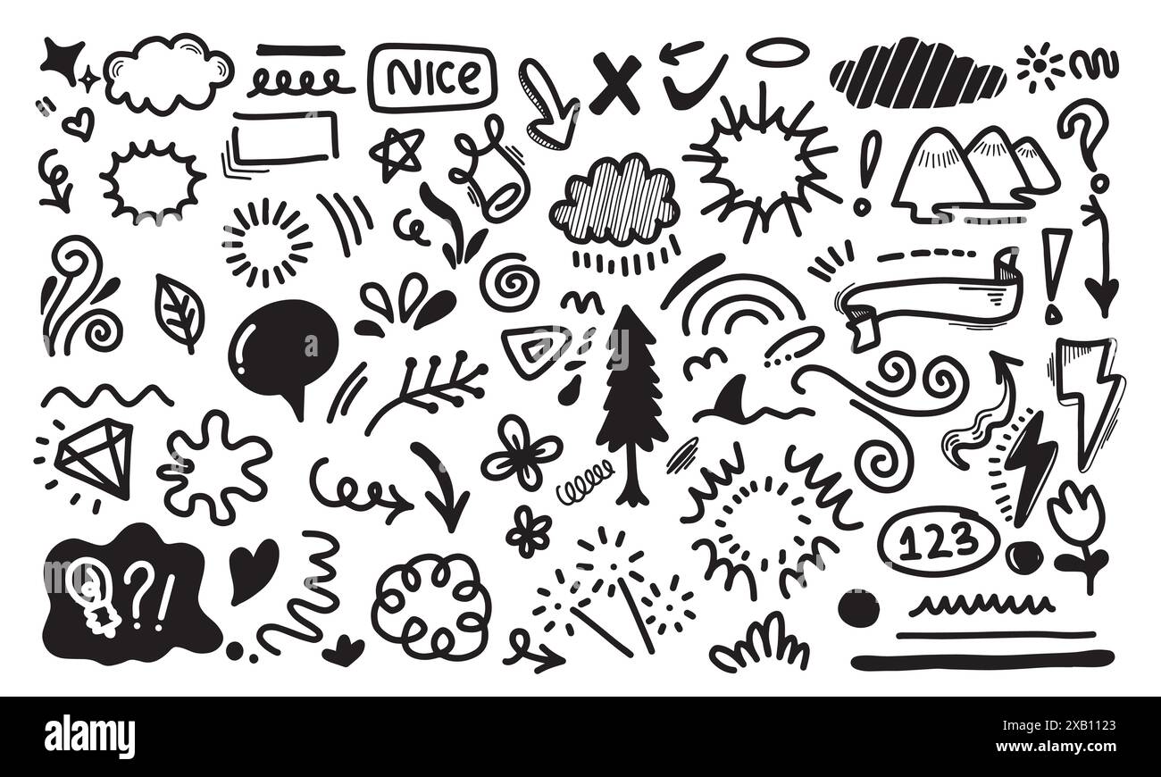 Handgezeichnete Set-Elemente, schwarz auf weißem Hintergrund. Pfeil, Herz, Liebe, Stern, Blatt, Sonne, Licht, Blume, Krone, Swishes, Swoops, Betonung, Swirl für Co Stock Vektor