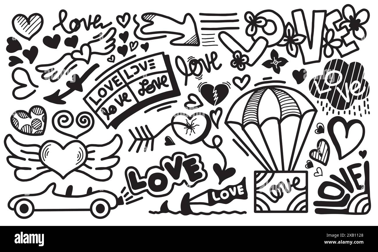 Vektorsatz von handgezeichneten Hochzeitselementen. Set mit dekorativen Elementen im Hochzeitsstil. Pfeile, Herz, Text, Flagge und andere Stock Vektor