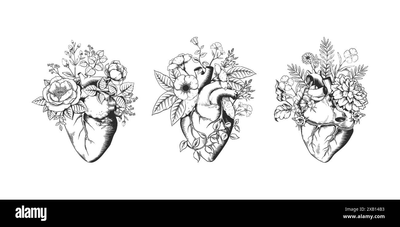 Menschliches Herz. Vintage-Blumenskizze mit Tattoo. Anatomie des inneren Organs mit Blumenrosen. Hipster-Schwarzweißdruck. Pflanzenblätter. Liebe und Romantik. Gravierte Blüten. Vektor-Design-Elemente festgelegt Stock Vektor