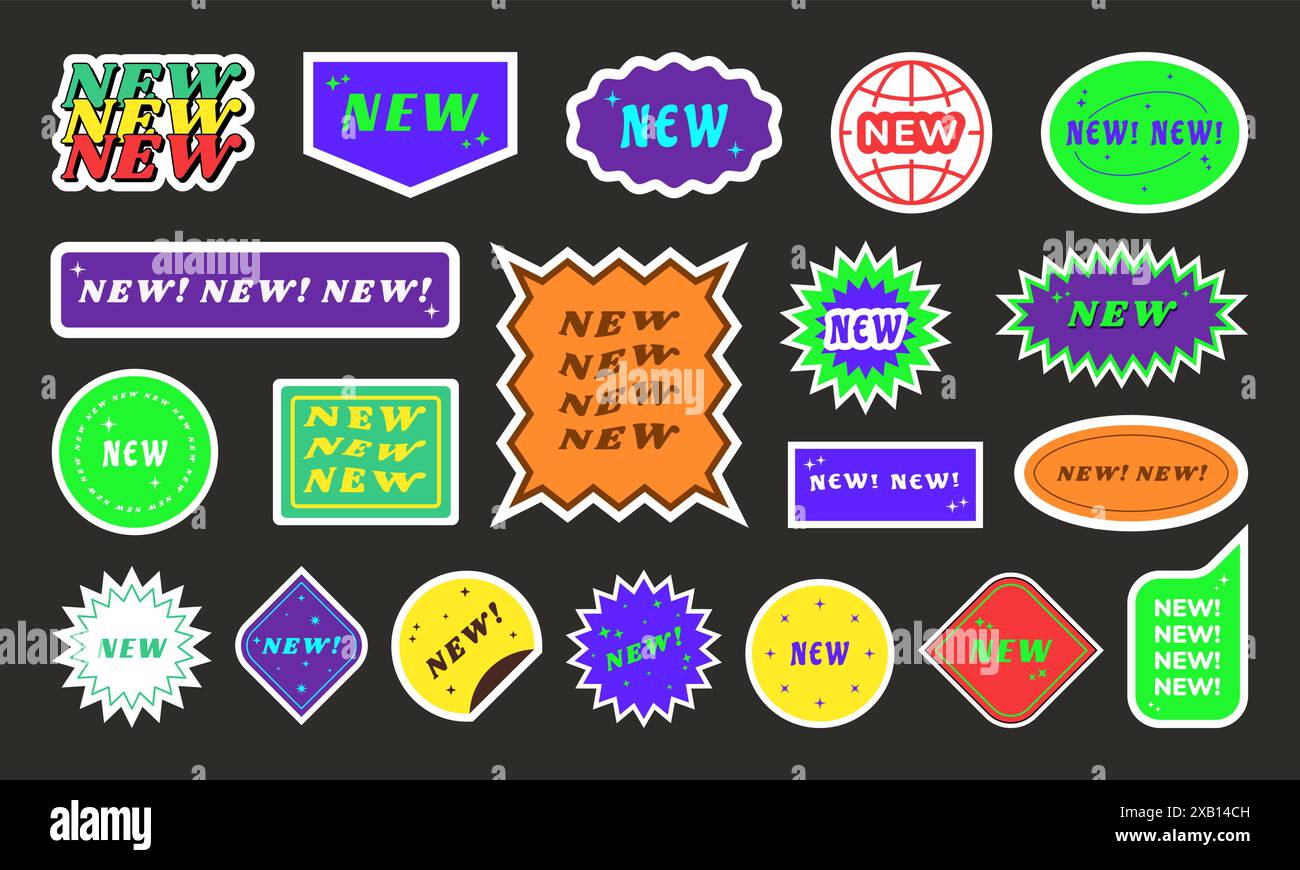 Neue Aufkleber. Etikettenschild, Produktsymbol für Verkauf, Bannerform, Rabattpreisschild oder Bandangebot mit runden Ecken. Bunte Abzeichen in verschiedenen Formen. Produktförderung modernes Emblem. Vektorsatz Stock Vektor