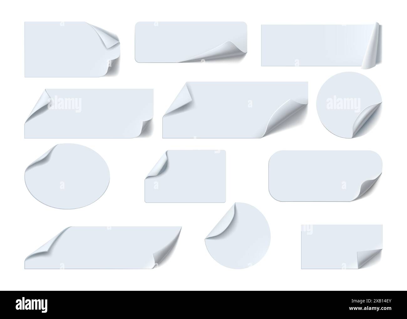 Papieraufkleber. Weißes Etikett. Das Etikett abziehen und falten. Kreis- und Rechtecksymbole. Bürobedarf. Notiz. Runde und quadratische Abzeichen mit gewellten Kanten. Haftseiten für Notizpapier. Vektor-Erinnerungen festgelegt Stock Vektor