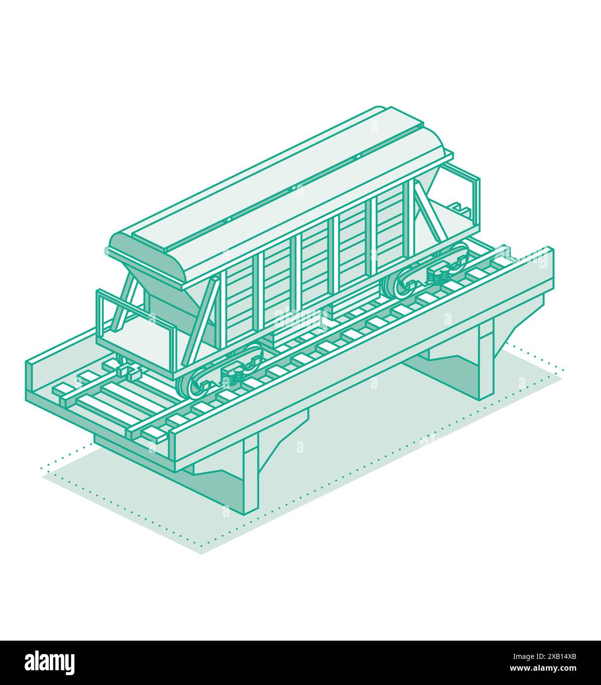 Isometrischer Trichterwagen auf Brücke. Objekt auf weißem Hintergrund isoliert. Eisenbahn. Güterwagen für Zement-, Getreide- und sonstige Massengüter im Massengüterverkehr. Stock Vektor