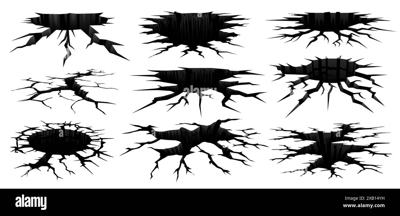 Erderdbebenrisse und -Löcher. Vektorsatz gezackter, kantiger Fissuren. Isolierte schwarze Erdlücken, die zersplitterten oder zerrissenen Oberflächen mit dynamischen, abstrakten Formen ähneln. Risse reißen und beschädigen Stock Vektor