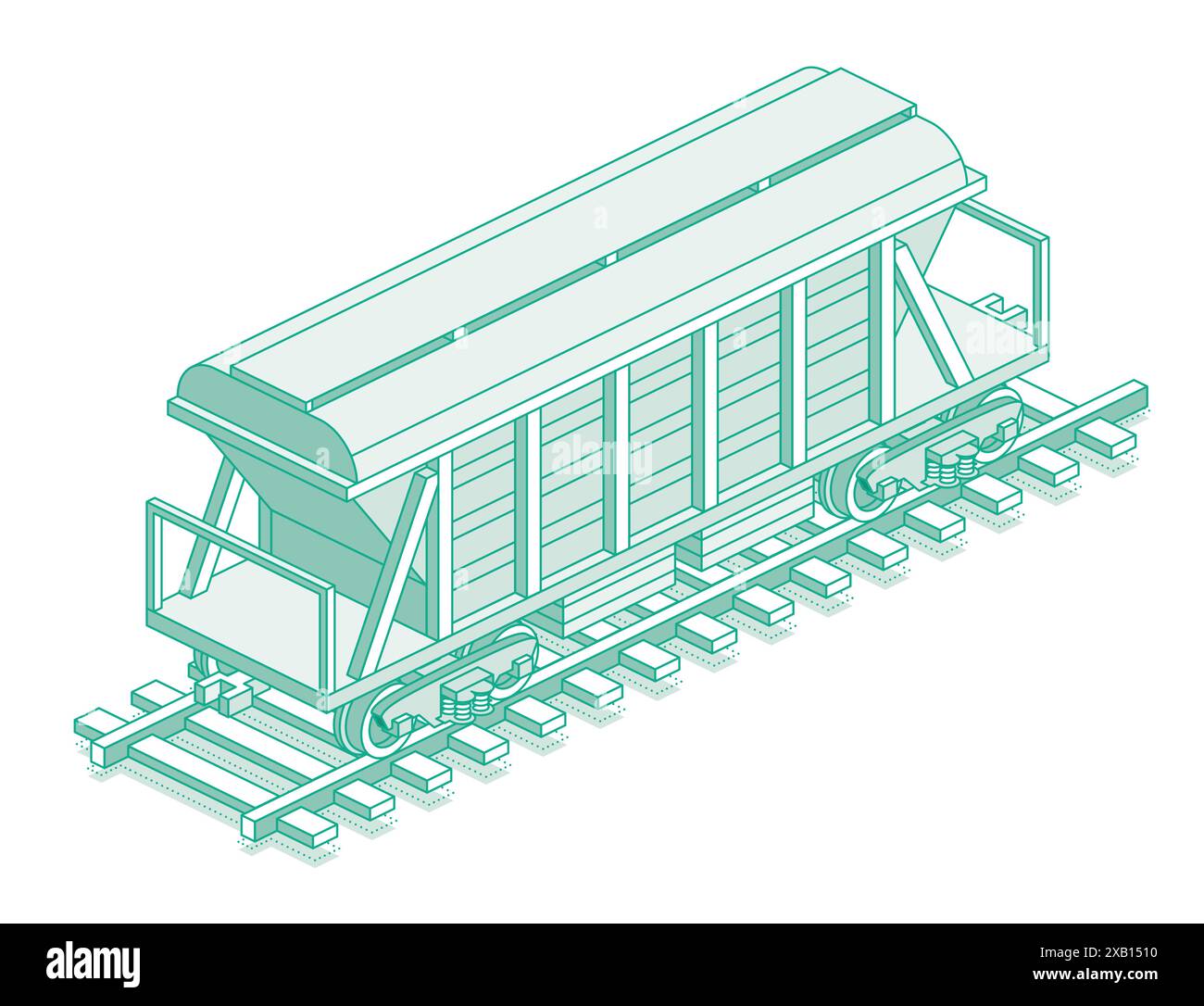 Isometrisches Trichterfahrzeug. Objekt auf weißem Hintergrund isoliert. Eisenbahn. Güterwagen für Zement-, Getreide- und andere Massengüter oder Waren im öffentlichen Nahverkehr. Stock Vektor