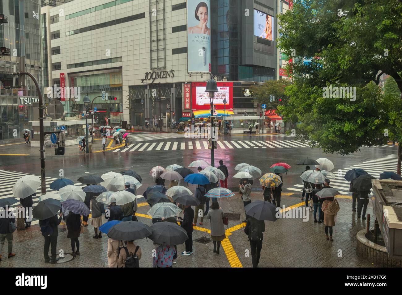 Tokio, Japan - 28. Oktober 2017 : Touristen mit Regenschirm gehen an der Kreuzung der Shibuya-Straße Stockfoto