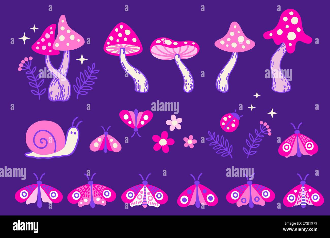 Hand gezeichnete Vektorelemente von Neon-amanita-Pilzen, Motten, Schnecken und Blumen. Verrückte Pilze Set mit stilisierten Pilzen in Neonpink und Lila Stock Vektor