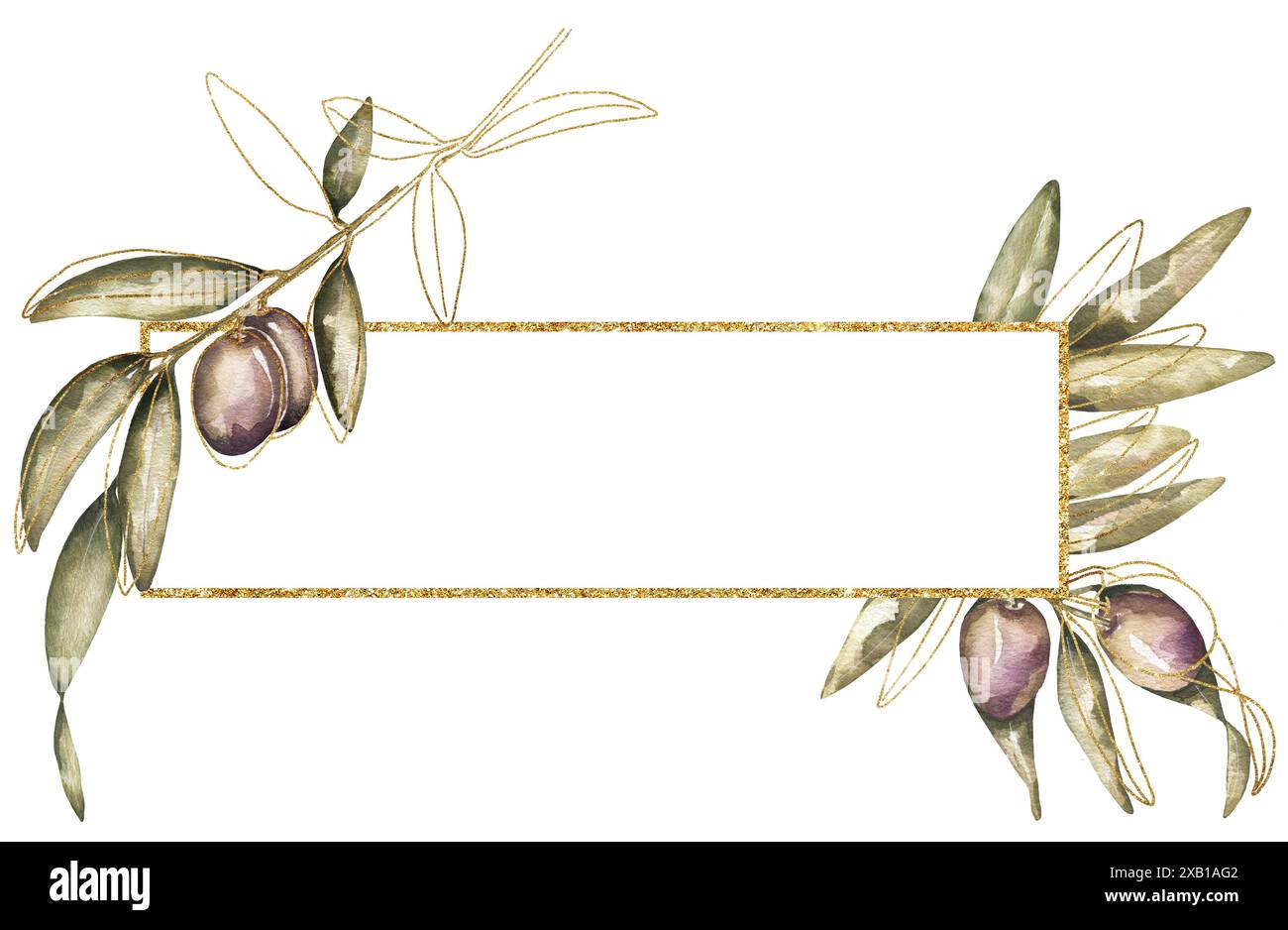 Aquarellfliesen Rahmen mit Olivenzweig, schwarze olivfarbene Umrandung Stockfoto