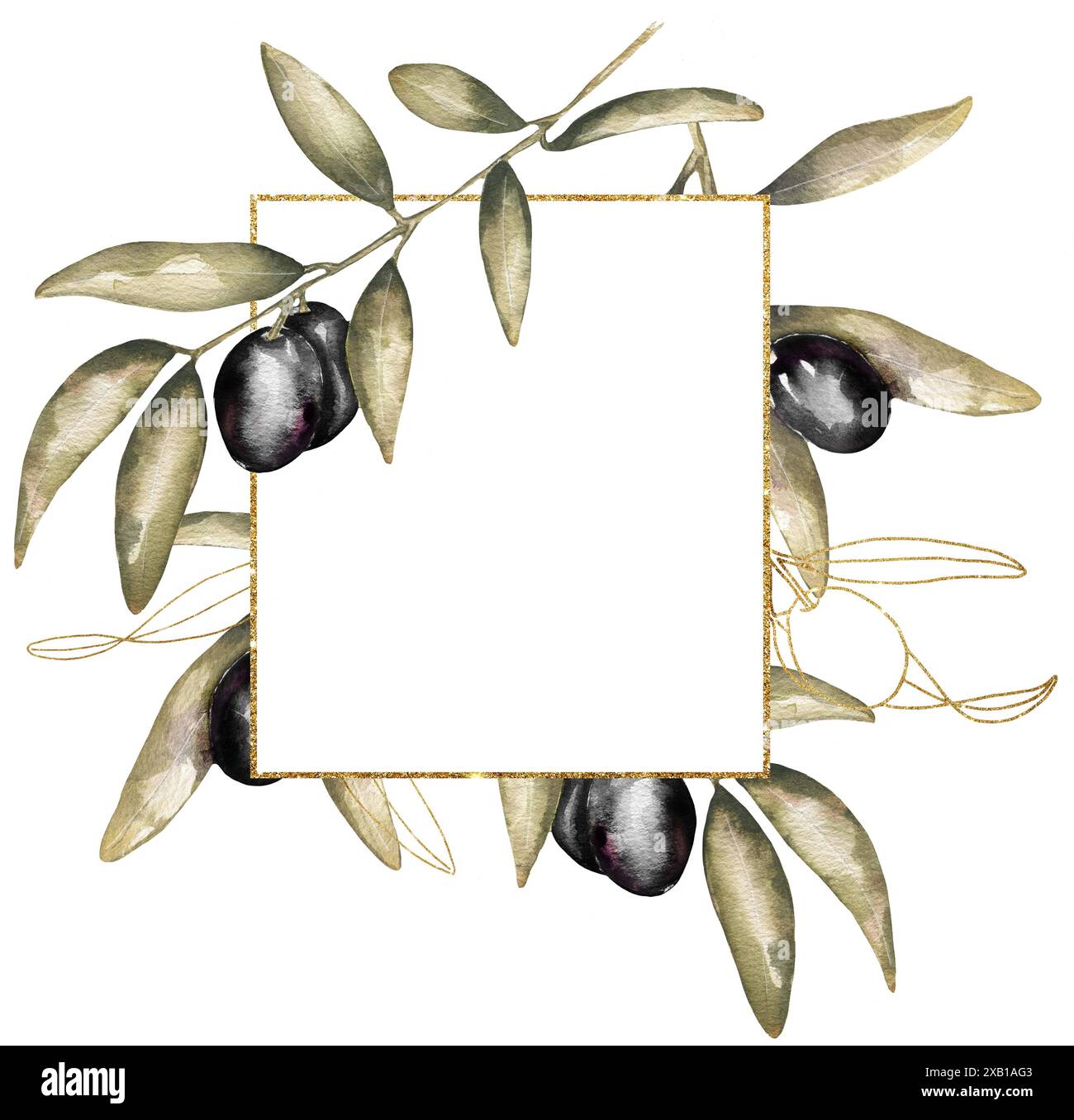 Aquarellfliesen Rahmen mit Olivenzweig, schwarze olivfarbene Umrandung Stockfoto