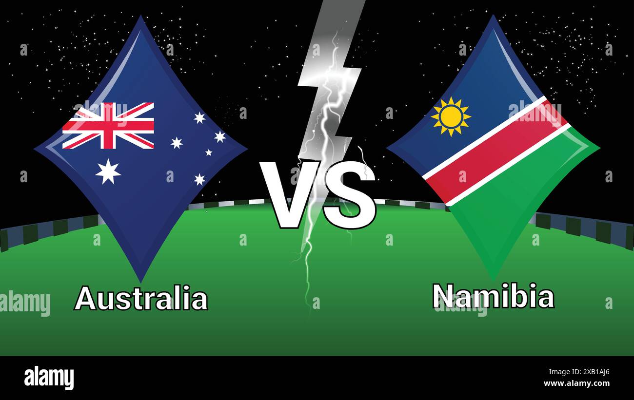 Spiel Stadion und Sky Stars Thunder Flash mit Australien gegen Namibia Stock Vektor