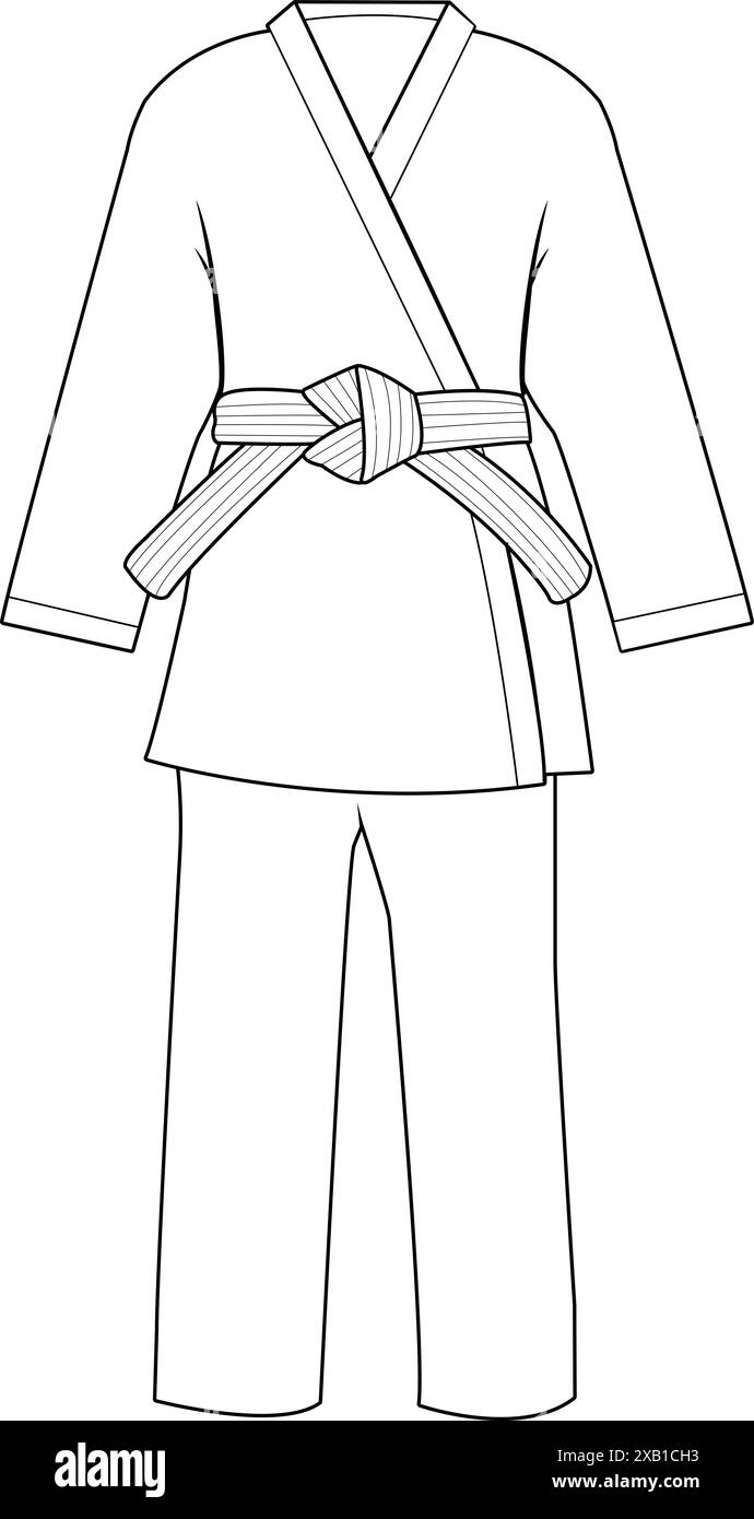 Kimono-Anzug für Kampfkunst. Karate, Taekwondo, Judo, Jujitsu, Kickboxen, oder Kung-Fu-Anzug. Vektor-Schwarzweiß-Farbseite. Stock Vektor