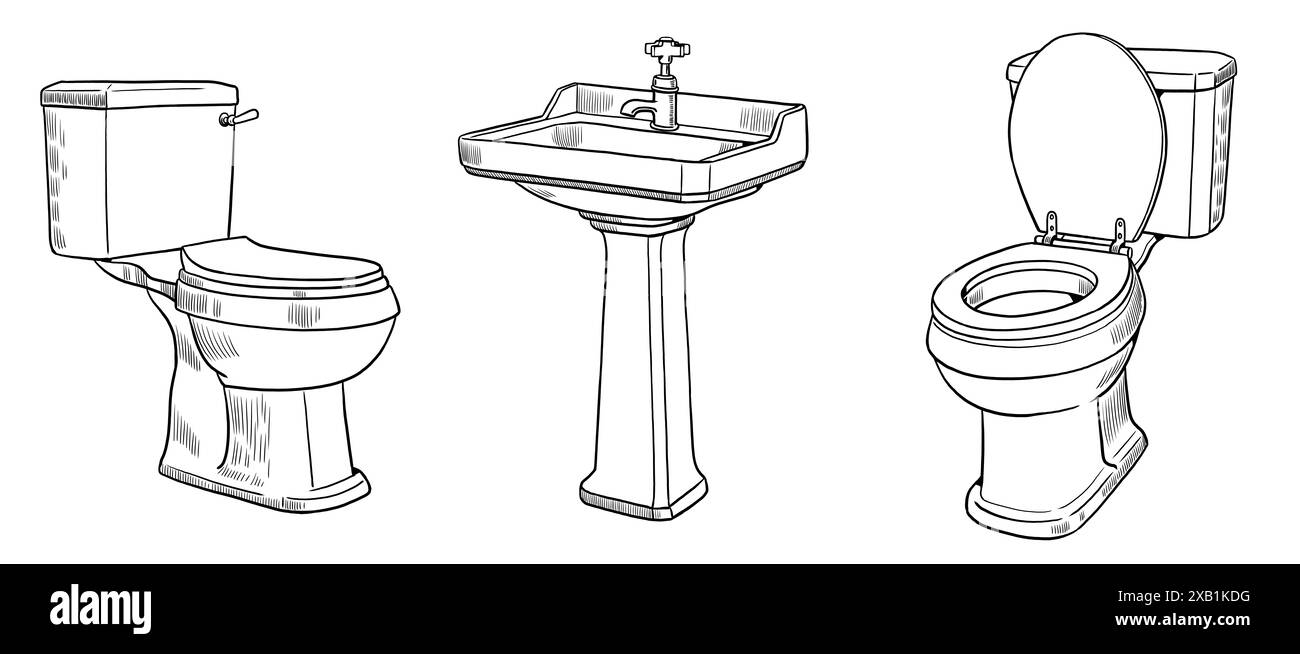 Handzeichnung mit Sanitärelementen: Badewanne, Waschbecken und Standtoilette. Set mit Bade- und Hygieneartikeln. Stockfoto