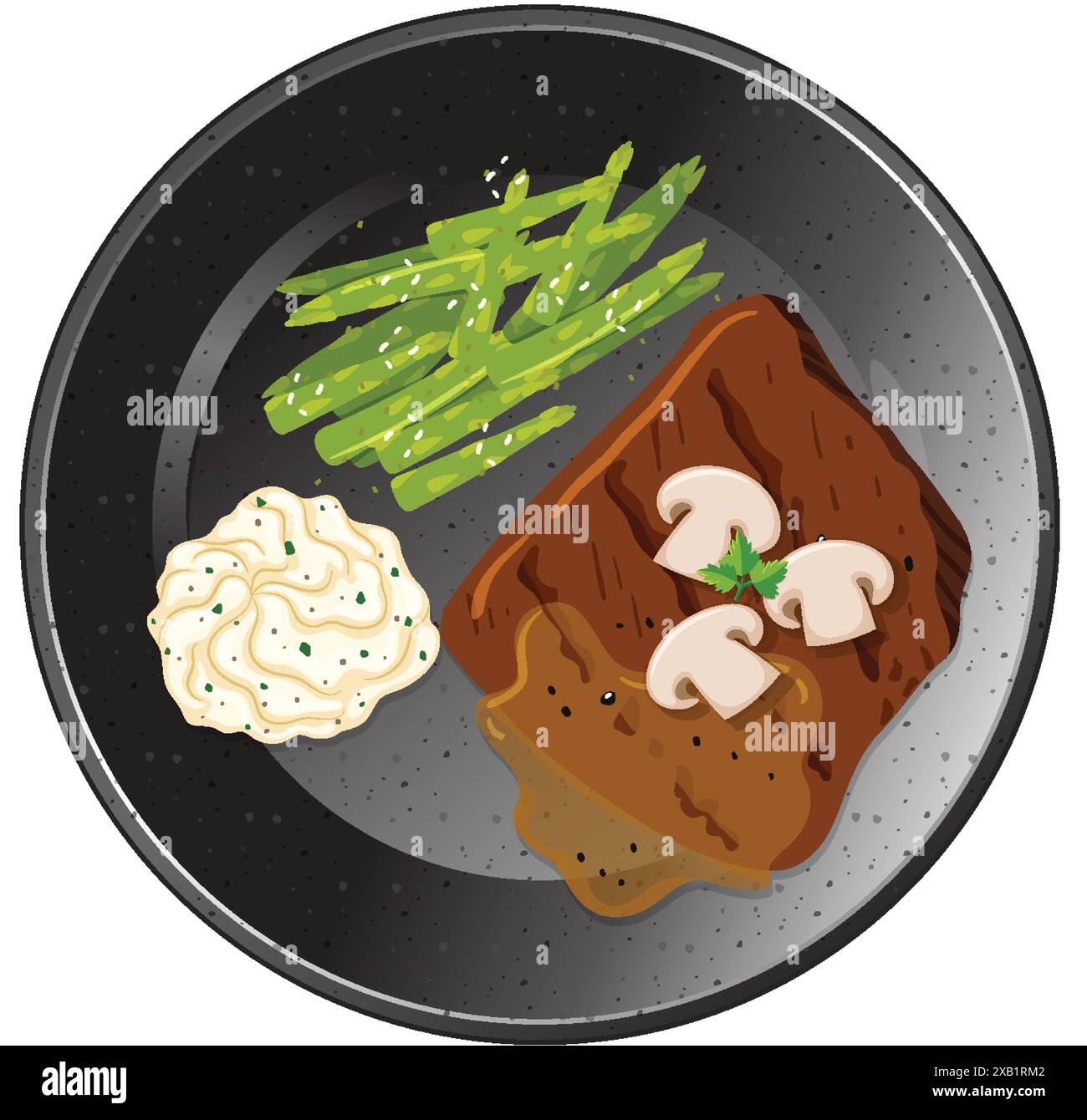 Steak mit Pilzen, Spargel und Kartoffelpüree Stock Vektor