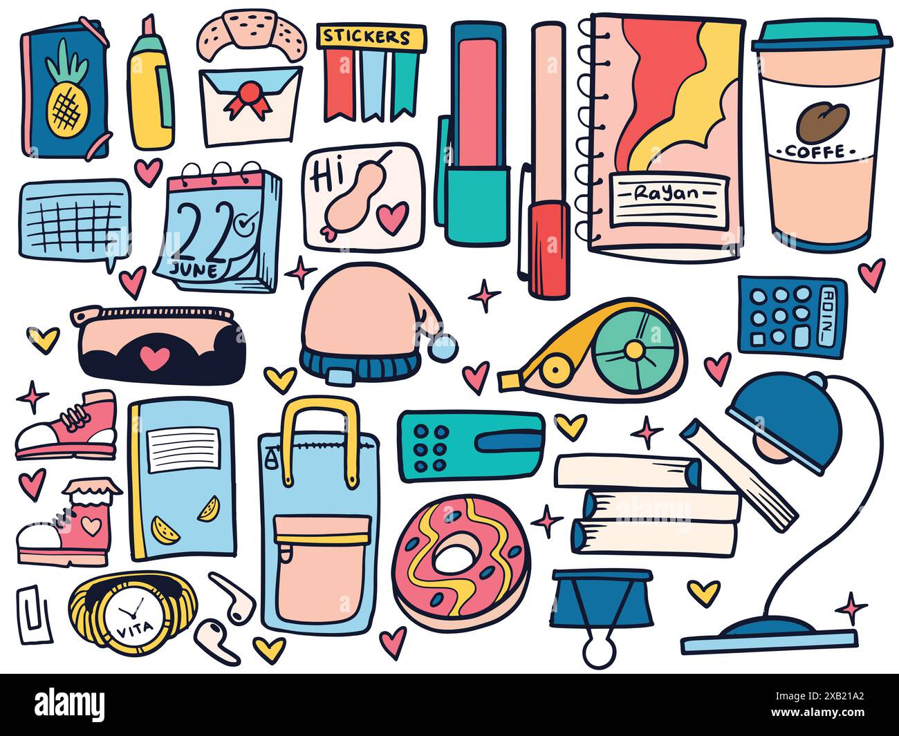 Handgezeichnet von Schulzubehör-Aufklebern im farbenfrohen Stil. Bildungs- und Schulkonzeptvektorillustration isoliert auf weißem Hintergrund. Stock Vektor
