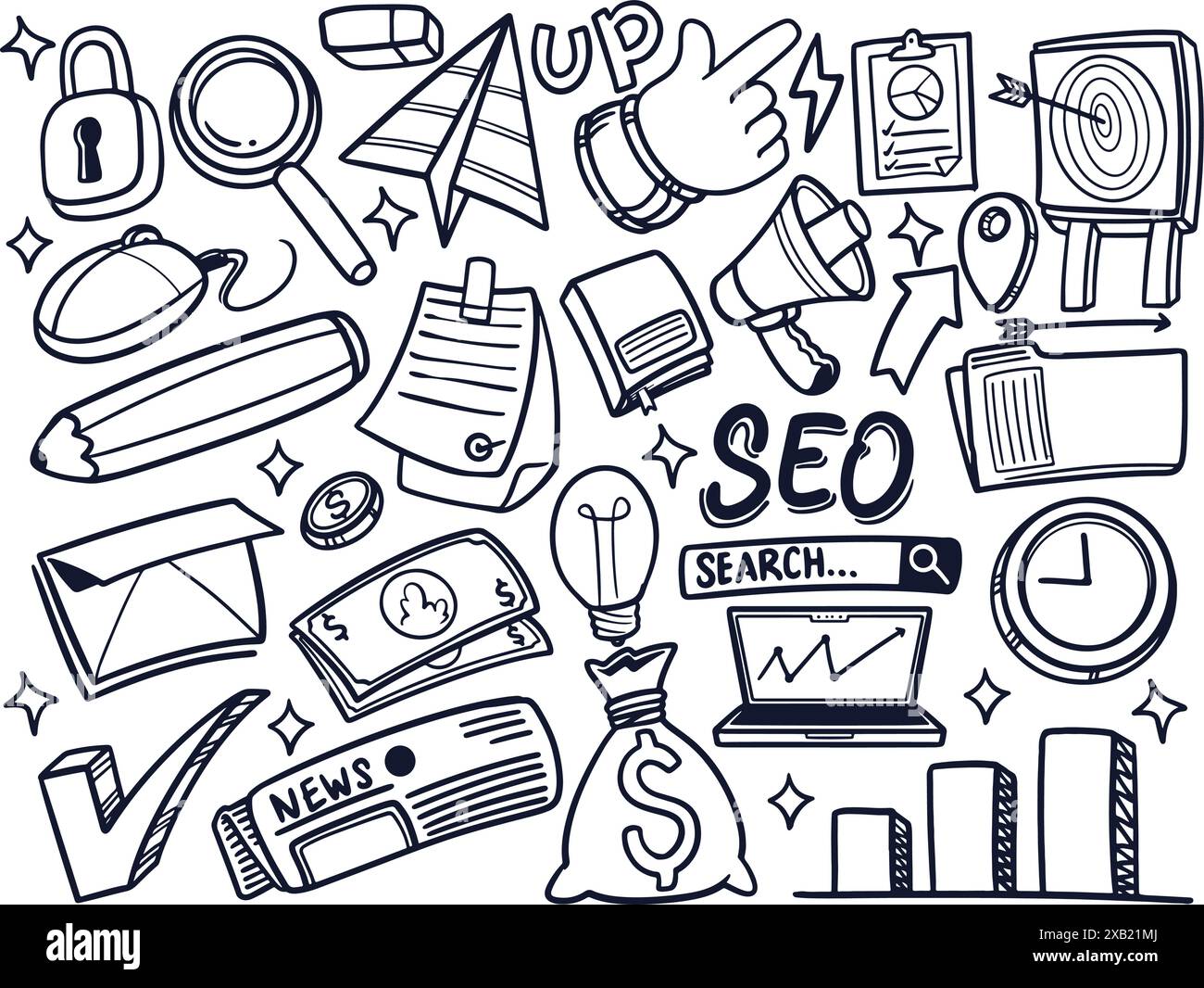 Handgezeichnet von digitalen Marketing-Aufklebern im schwarz-weißen Stil. Vektorillustration für Marketing und Vertriebskonzept isoliert auf weißem Hintergrund. Stock Vektor