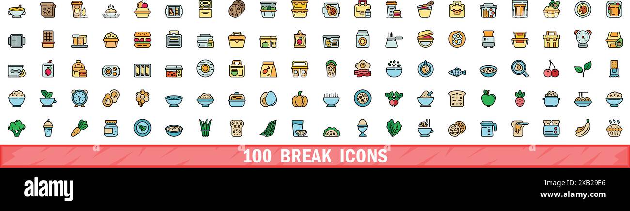 100 Symbole für Umbruch gesetzt. Farblinie Satz von Break Vector Symbolen dünne Linie Farbe flach auf weiß Stock Vektor