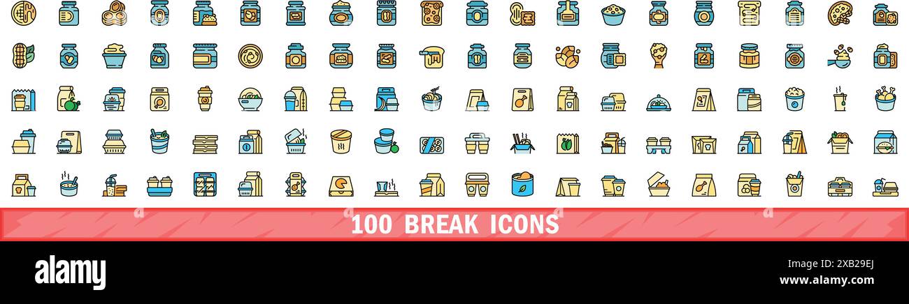 100 Symbole für Umbruch gesetzt. Farblinie Satz von Break Vector Symbolen dünne Linie Farbe flach auf weiß Stock Vektor