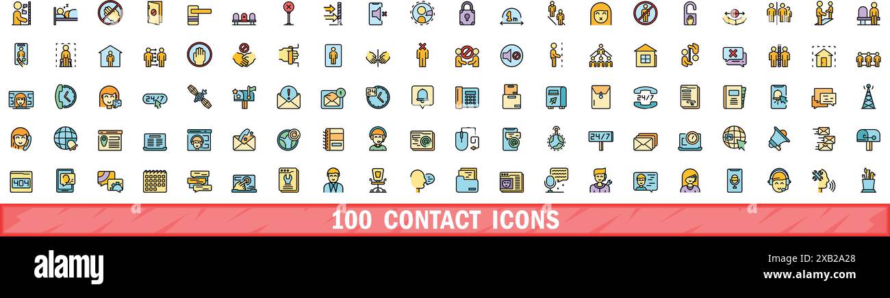 100 Kontaktsymbole eingestellt. Farblinie Satz von Kontaktsymbolen dünne Linie Farbe flach auf weiß Stock Vektor