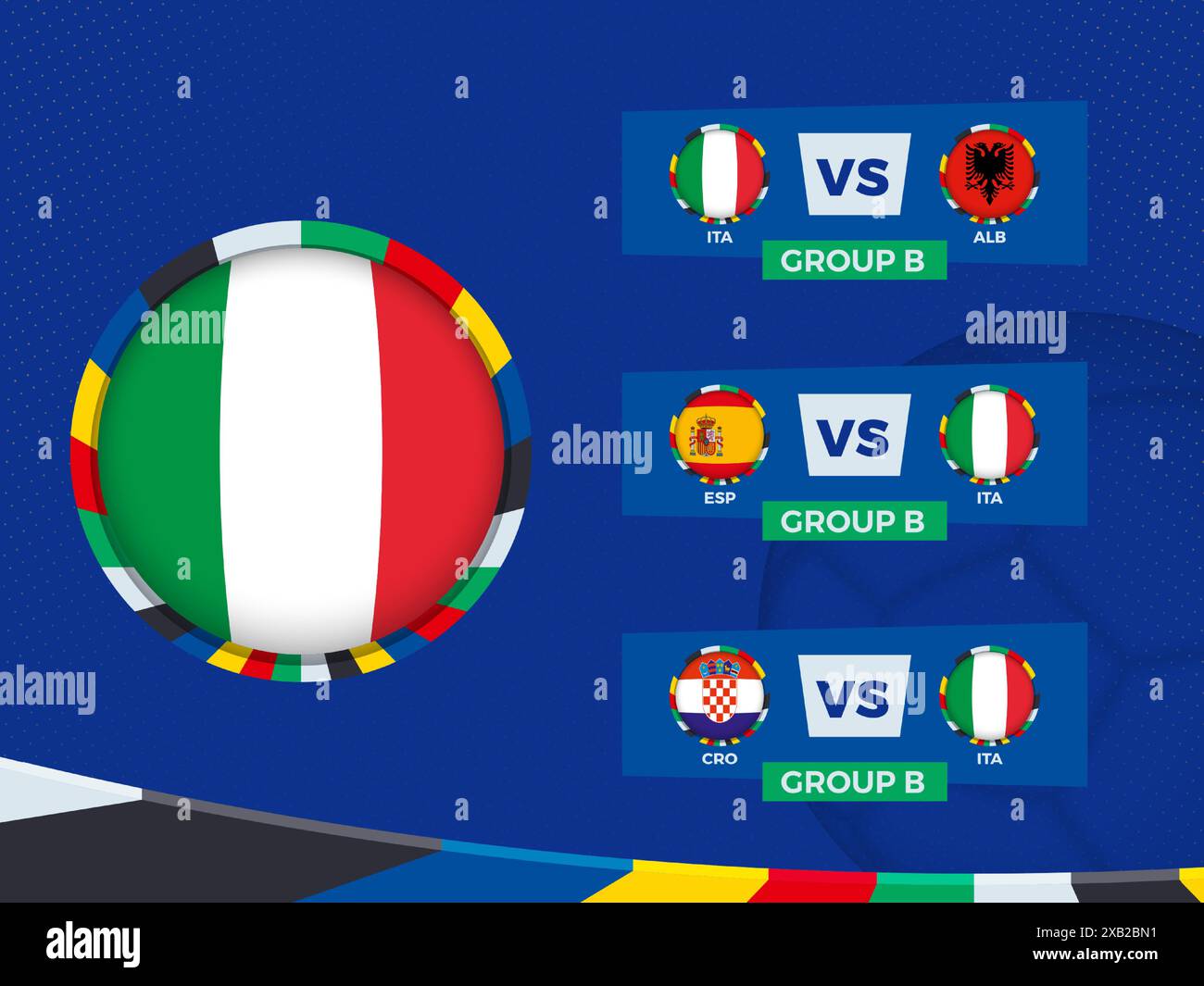 Spielplan der italienischen Fußballmannschaft in der Gruppenphase. Vektorvorlage. Stock Vektor