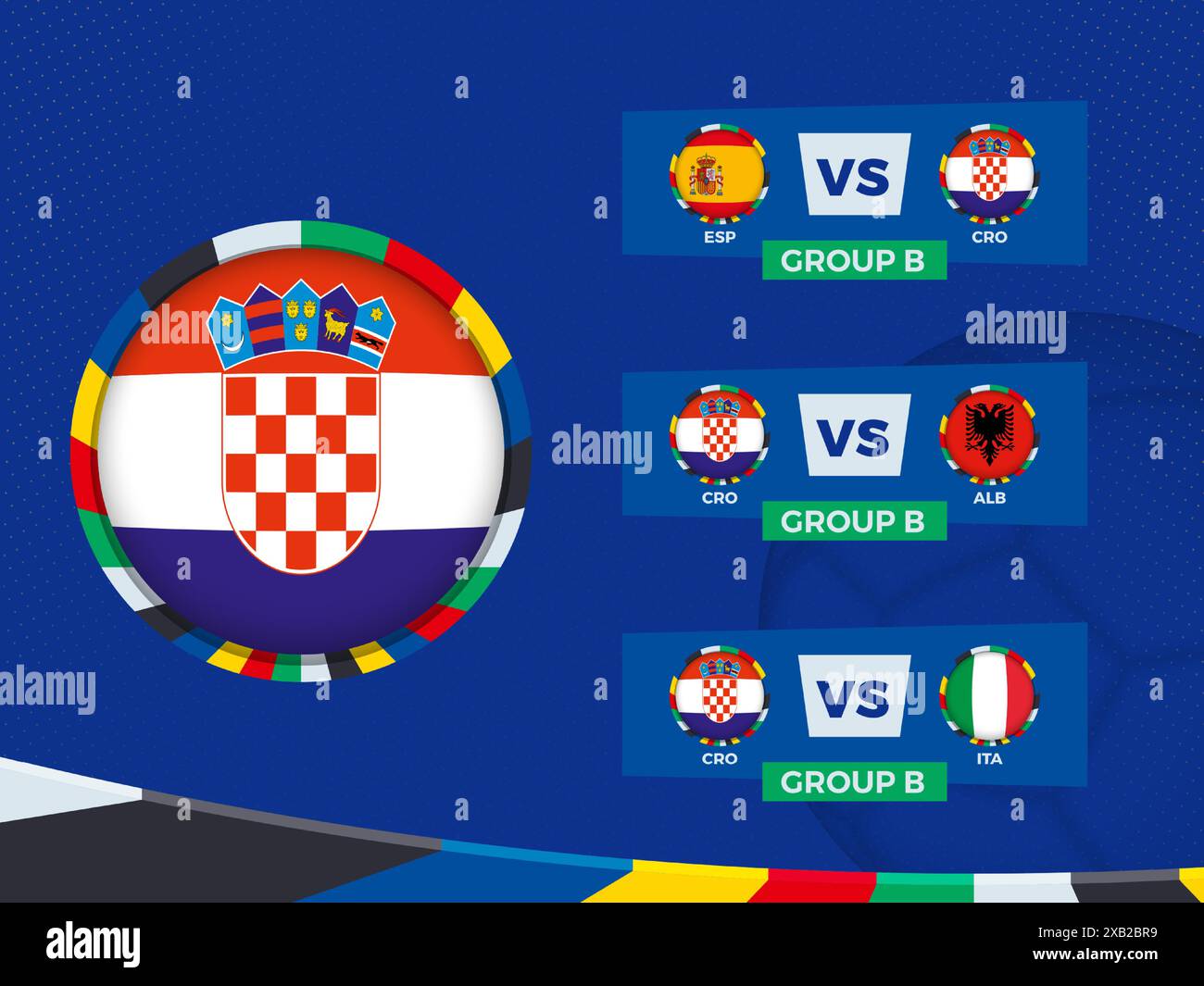 Spielplan der kroatischen Fußballmannschaft in der Gruppenphase. Vektorvorlage. Stock Vektor