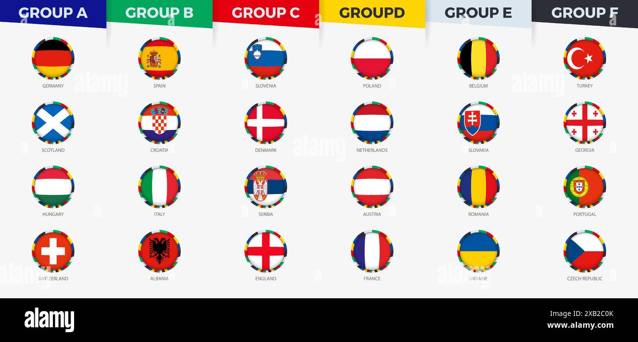 Teilnehmer Der Gruppenphase Der Fußball-Europameisterschaft. Vektorkennzeichen gesetzt. Stock Vektor