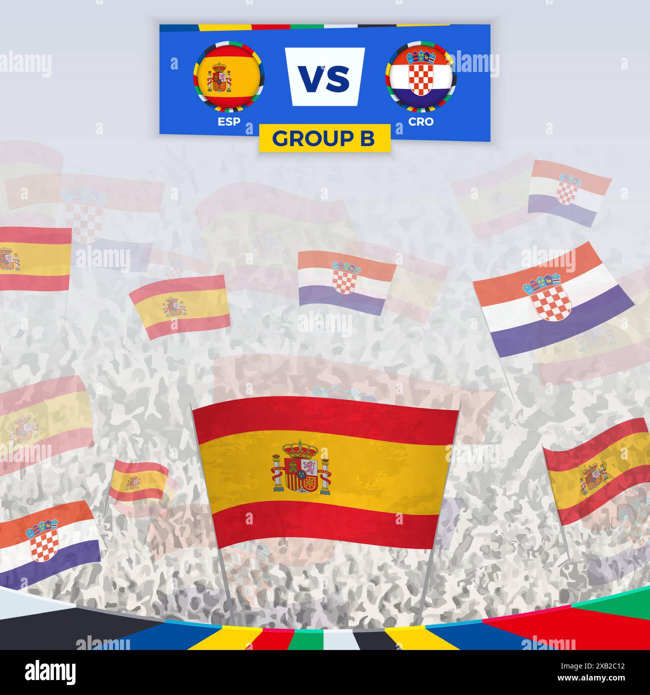 Fußballfans jubeln mit Fahnen für das Spiel zwischen Spanien und Kroatien. Sportillustration für Fußballwettbewerbe in Europa. Vektorvorlage. Stock Vektor