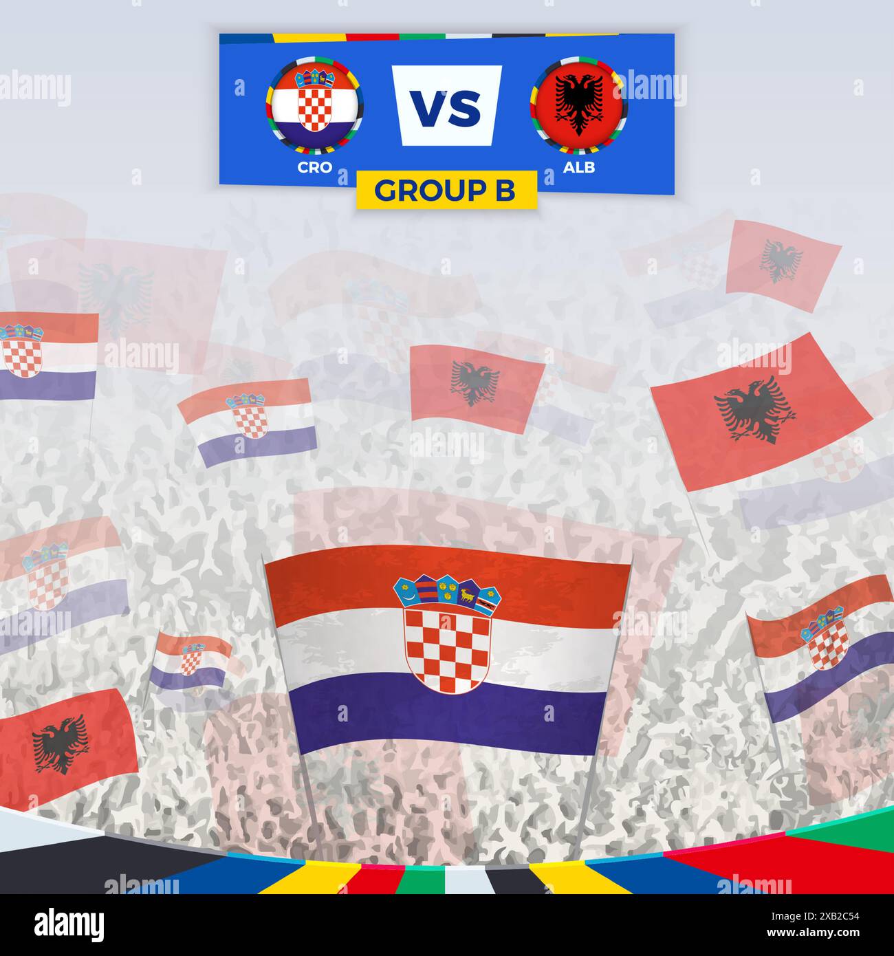 Fußballfans jubeln mit Fahnen für das Spiel zwischen Kroatien und Albanien. Sportillustration für Fußballwettbewerbe in Europa. Vektorvorlage. Stock Vektor