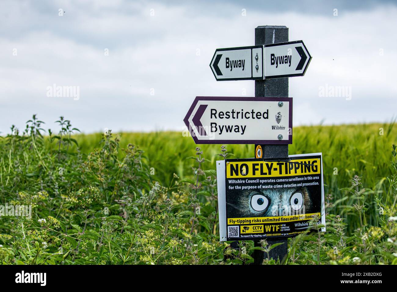 Wegweiser mit dem Richtungsweg, dem Restricted Byway und dem No Fly Tipping an einem Posten in der Landschaft von Wiltshire Stockfoto