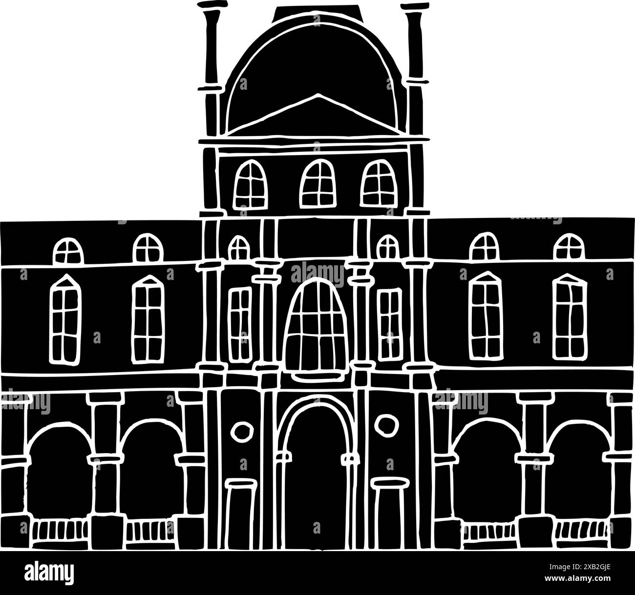 Silhouette des Museums Vektor Hand gezeichnete Illustration. Symbol von Paris. Vintage-Zeichnung mit schwarzer Tinte für Symbol, Logo oder Design Stock Vektor