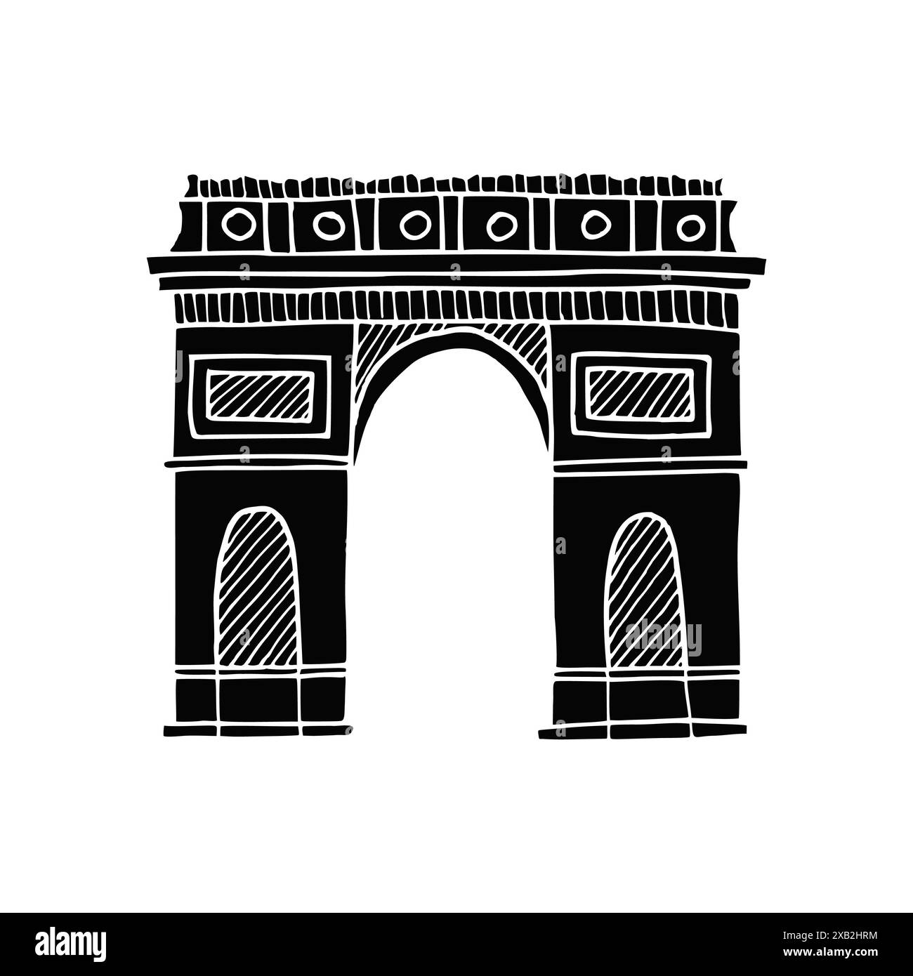 Silhouette des Arc de Triomphe, Triumphbogen Vektor Hand gezeichnete Illustration. Symbol von Paris. Vintage-Zeichnung mit schwarzer Tinte für Symbol, Logo oder Stockfoto