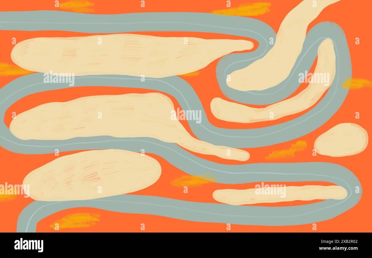 Ein abstraktes Kunstwerk mit kurvenförmigen Formen in Beige- und Blautönen vor orangenem Hintergrund mit dezenten Pinseltexturen. Stockfoto