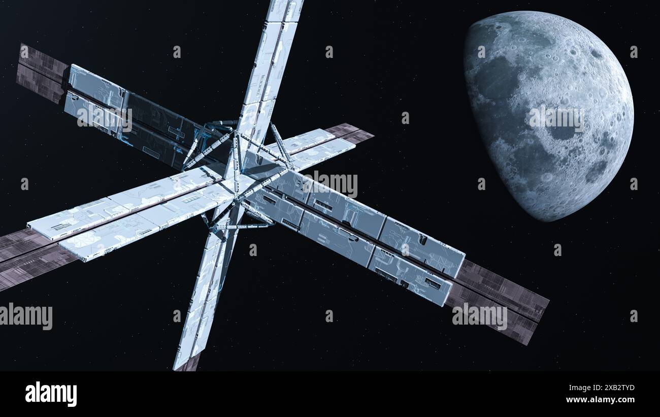 Digitale Illustration eines Geomodule-Satelliten mit dreiachsigem Design, der in der Dunkelheit des Raumes mit dem Mond im Hintergrund umkreist Stockfoto