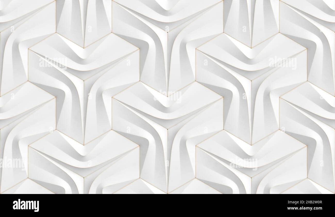 Ein nahtloses geometrisches Muster in weiß und Gold, das ein Gefühl von Tiefe und Raffinesse schafft, perfekt für Hintergründe in verschiedenen Designs Stockfoto