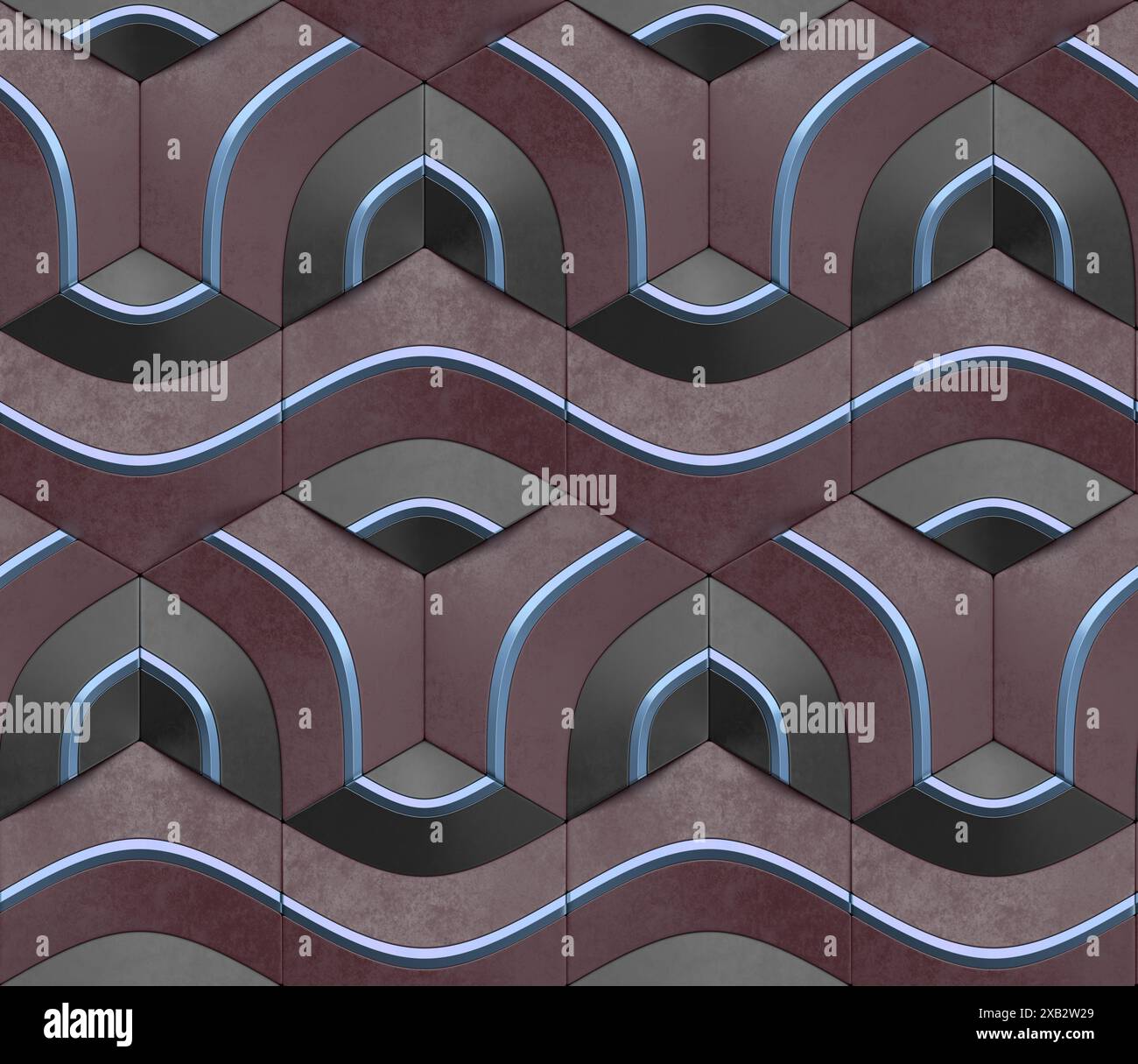 Ein gekacheltes Bild mit einem sich wiederholenden geometrischen Muster mit Bögen und gestreiften Elementen in verschiedenen Braun- und Blautönen, ideal für Hintergrund oder Wand Stockfoto