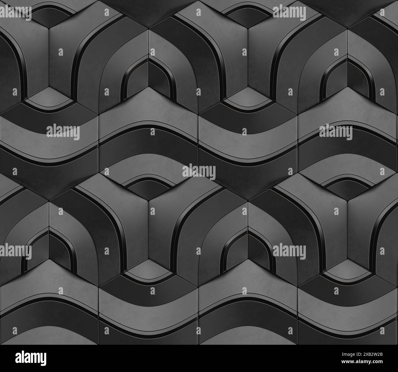 Geometrisches nahtloses 3D-Muster in Schwarz mit glänzenden schwarzen Elementen Centric-Serie 3D-Illustration Stockfoto