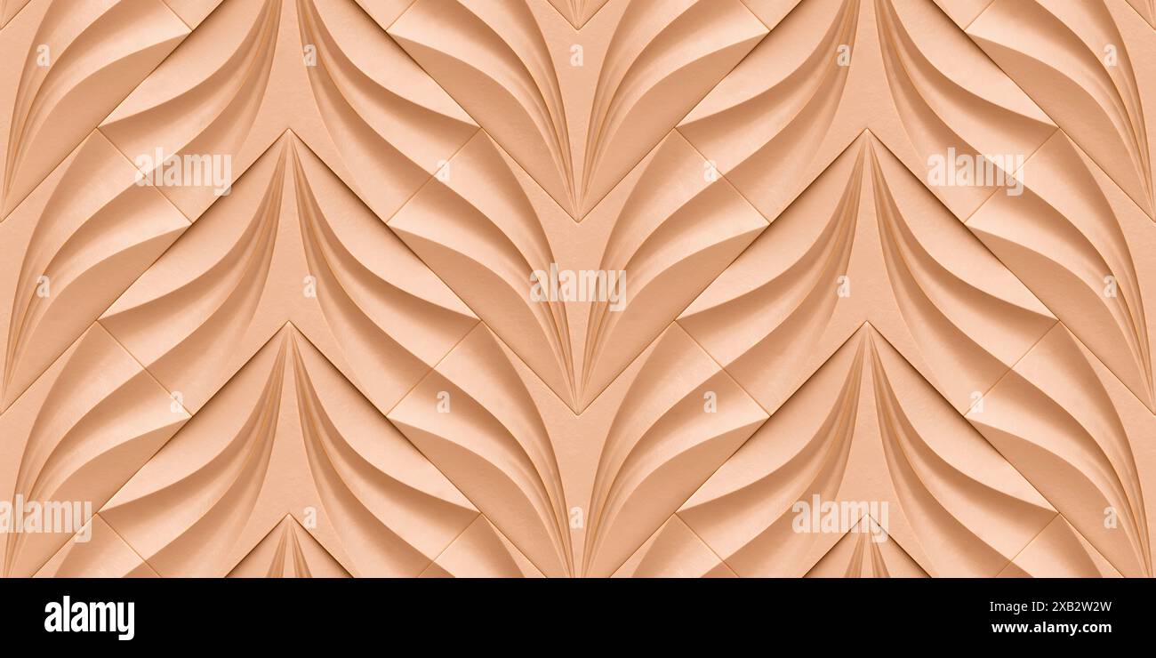 Dieses Bild zeigt eine elegante, nahtlose 3D-Illustration eines lachsfarbenen hart-Blumenmusters, symmetrische Blätter, die zu einer Herzform konvergieren Stockfoto