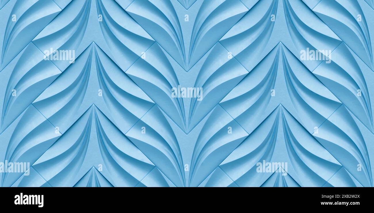 Diese hochauflösende 3D-Illustration zeigt ein nahtloses Muster, das aus blauen Motiven in Form einer Hart-Blume gebildet wird, die dem komplizierten Blütenblatt-laye ähneln Stockfoto